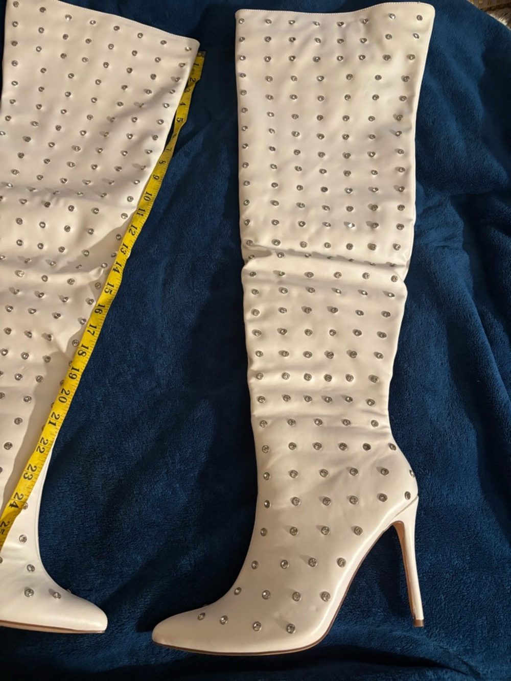 White Over-the-Knee Stiletto Boots with Silver Stud Detailing - Picture 2 of 3